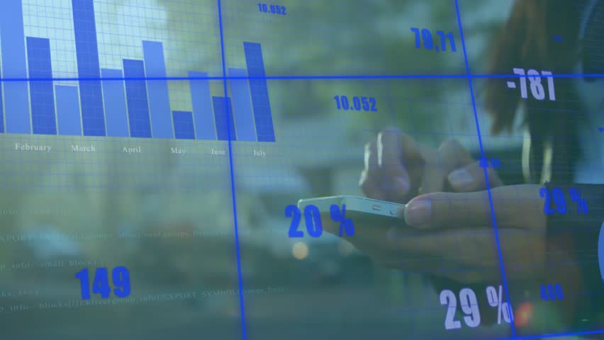 Animation of data processing and diagrams over woman using smartphone. Business, technology and digital interface concept digitally generated video.