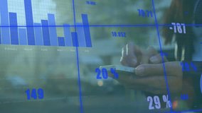 Animation of data processing and diagrams over woman using smartphone. Business, technology and digital interface concept digitally generated video. - Powered by Shutterstock - Get 15% off with code: PIKWIZARD15