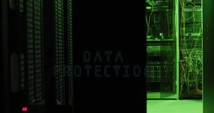 DATA PROTECTION text fading in over shield, holographic circle forming and rotating, securing data. Cybersecurity, digital security, server room, technology, encryption, futuristic, safety - Powered by Shutterstock - Get 15% off with code: PIKWIZARD15