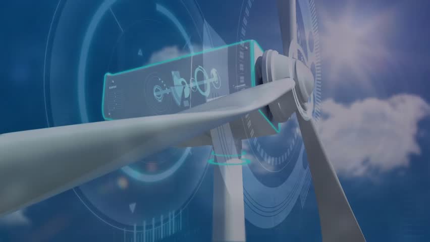 UI appearing over turbine nacelle starting blades rotating and map pulsing showing energy data. Renewable, technology, innovation, sustainability, digital, energy, environmental
