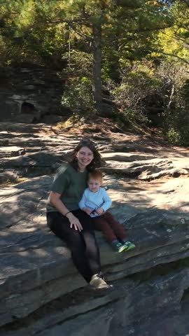Child Observes Vast Mountain Landscape. Mother Shows Child Expansive Scenic Valley From Overlook Point. Mother And Toddler Admire Broad Tennessee Landscape With Layered Ridges And Blue Sky