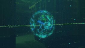 On fading in, 3D sphere rotating with pulsing shards, waveform fluctuating showing data processing. Futuristic, technology, digital, abstract, data, innovation, interface - Powered by Shutterstock - Get 15% off with code: PIKWIZARD15