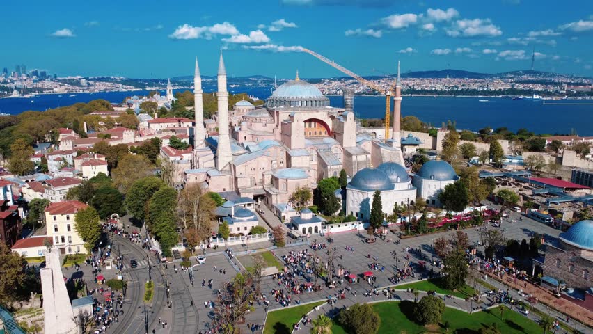 Hagia Sophia Aerial View with Bosphorus Strait on a Sunny Day in Istanbul