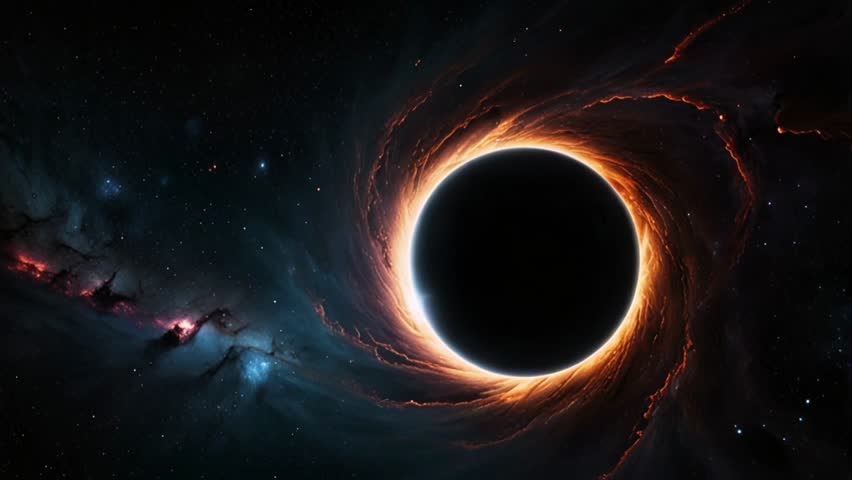 An artistic depiction of a black hole in space. The center is a pitch-black circle representing the event horizon, surrounded by a brightly glowing accretion disk in orange and gold.