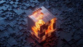 Futuristic digital data cube processing with glowing orange core and shifting metallic blocks on dark grid background - Powered by Shutterstock - Get 15% off with code: PIKWIZARD15