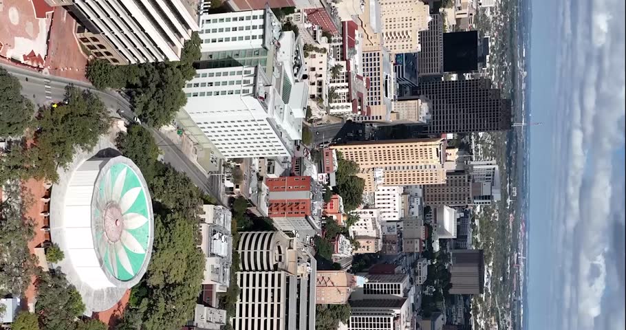 Vertical drone view of downtown San Antonio, Texas