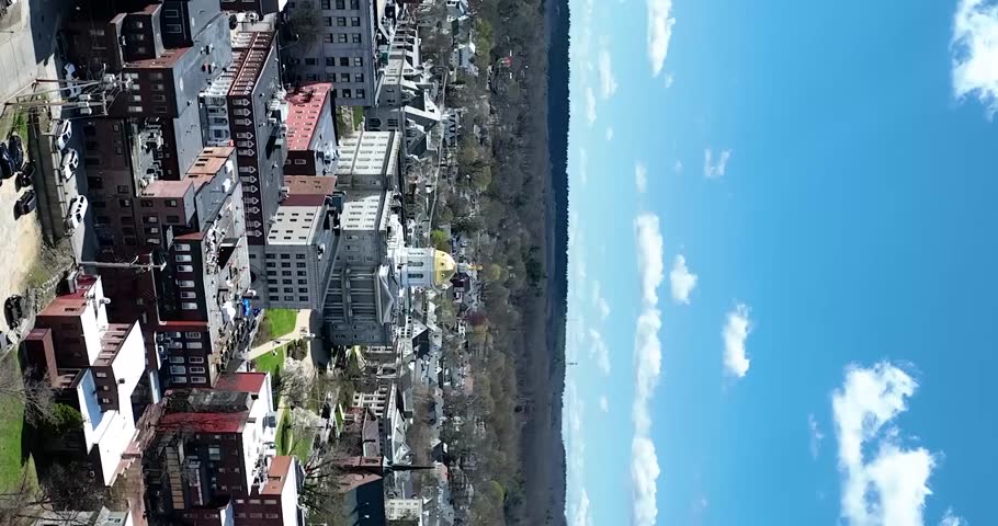 Vertical drone view of capital city Concord, New Hampshire in early summer