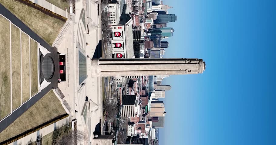 Vertical aerial view of Kansas City, Missouri downtown skyline on beautiful sunny day in midwest United States