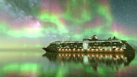 Cruise ship sailing under vibrant northern lights at night, aurora borealis glowing above the ocean, blending luxury travel with Arctic nature. - Powered by Shutterstock - Get 15% off with code: PIKWIZARD15