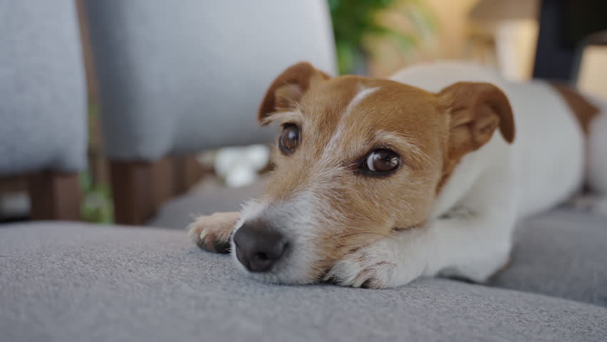 Close up of Jack Russell Terrier dog lying with head on soft chairs in living room. Tired dog resting at home. Concept of pet comfort, relaxation and domestic animals