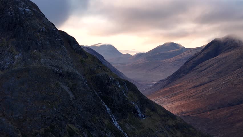 Stunning drone footage of Glencoe in the Scottish Highlands, showcasing Buachaille Etive Mor and Meall a