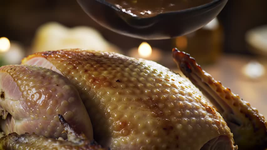 Close-up of rich, savory gravy poured over a perfectly golden-brown roasted turkey. Perfect for holiday cooking, Thanksgiving, or festive dinner scenes.