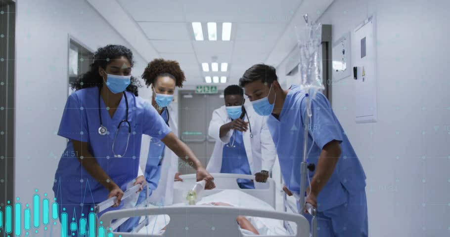 Medical team racing down hospital hall triggered by emergency alert, moving patient with data icons. Healthcare, teamwork, urgency, rescue, diagnostics, patient care, medical staff
