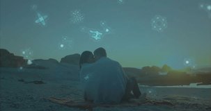Couple leaning into kiss and pulling back on beach, forming holographic tech shapes around embrace. Romantic, intimacy, connection, serene, futuristic, digital, abstract - Powered by Shutterstock - Get 15% off with code: PIKWIZARD15