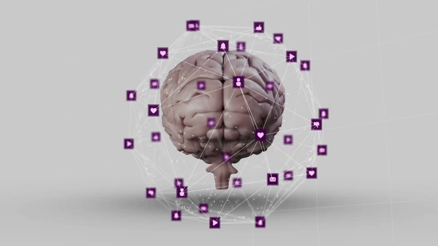 Opening wireframe animating 3D brain connecting data icons orbiting to show digital connectivity. Futuristic, technology, innovation, data, neural, network, connectivity