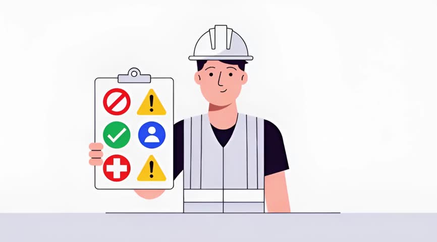 Animation of an engineer presenting a comparison board of do's and don'ts with green checks and red cross icons for safety procedures
