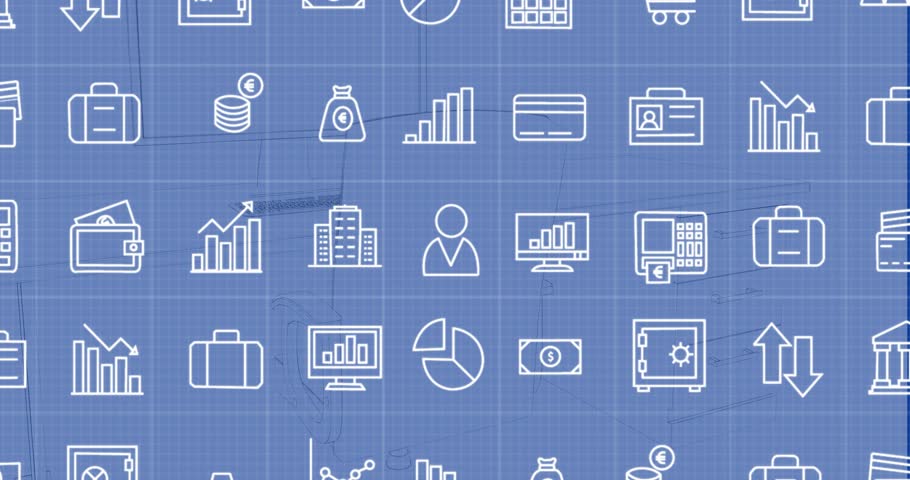 Animation of business icons over desk with computer on blue background. Global busienss, social media, office and digital interface concept digitally generated video.
