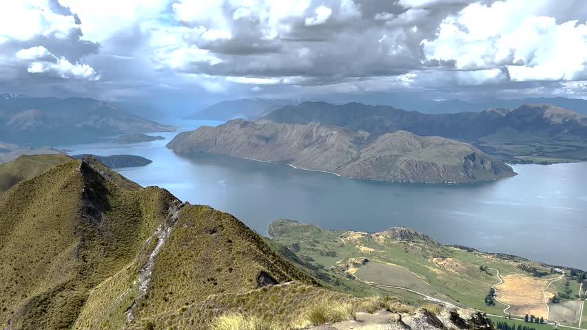 Beautiful view panorama, high mountains with Wanaka Lake, Roys Peak popular hike New Zealand.