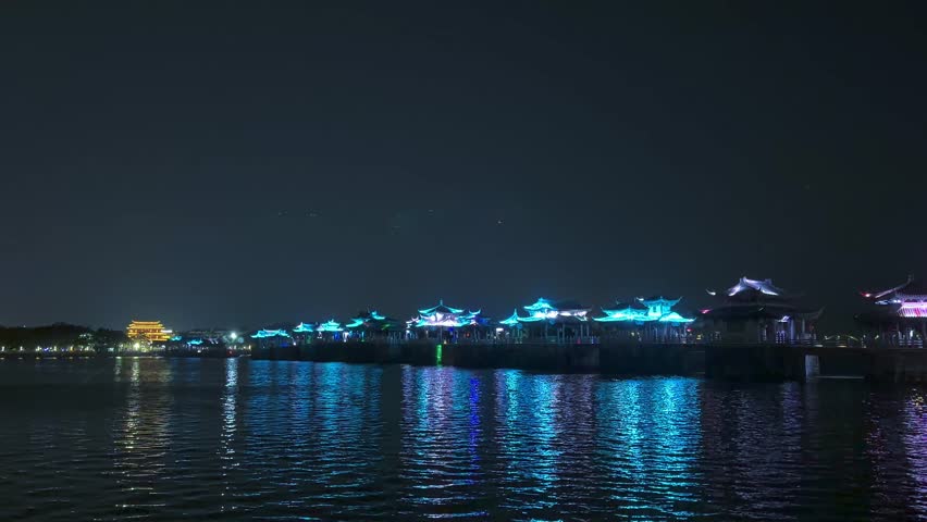 Night View Of The Guangji Bridge (Xiangzi Bridge) Across The Han River In Chaozhou, Guangdong Province, China. Wide Shot