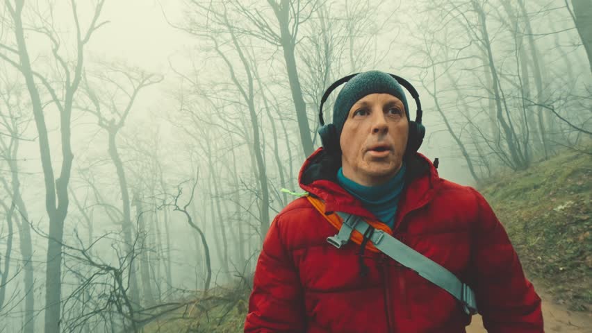 Energetic 50s male jogging in nature during a foggy winter day wearing modern wireless headphones.