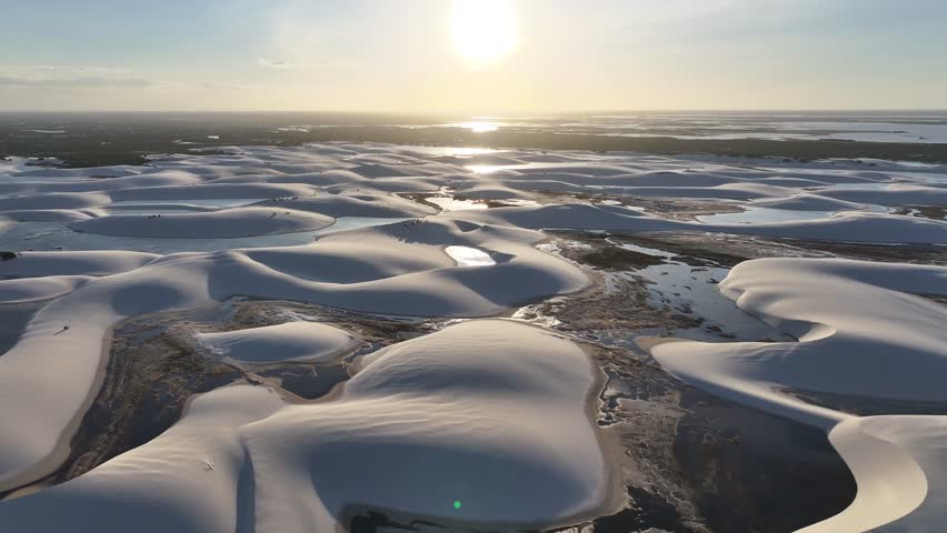 Lencois Maranhenses At Santo Amaro In Maranhao Brazil. Sunset Skyline Landscape. Winding Sand Dunes. Lencois Maranhenses At Maranhao. Rainwater Lakes. Beautiful Sunset. Summer Travel.