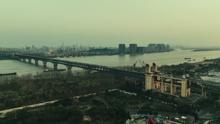Aerial view of famous Yangtze River Bridge of Nanjing city in Jiangsu, China