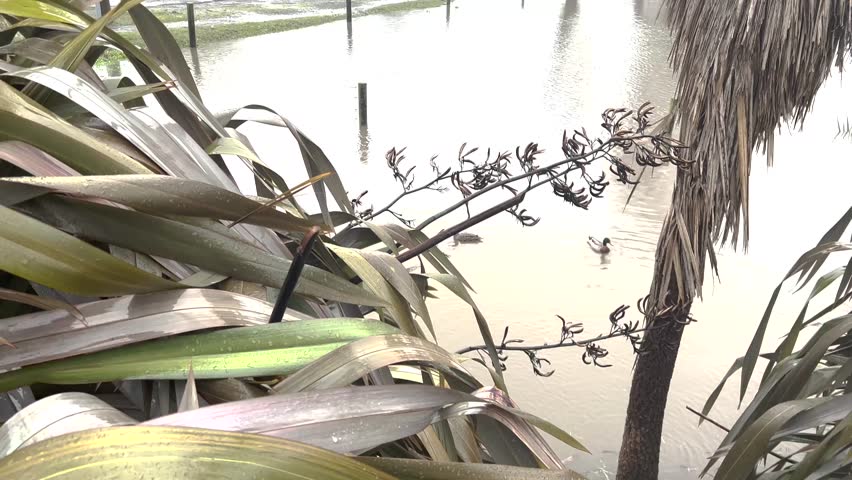 Road submerged in water and overflooded river in Christchurch New Zealand after heavy rain.