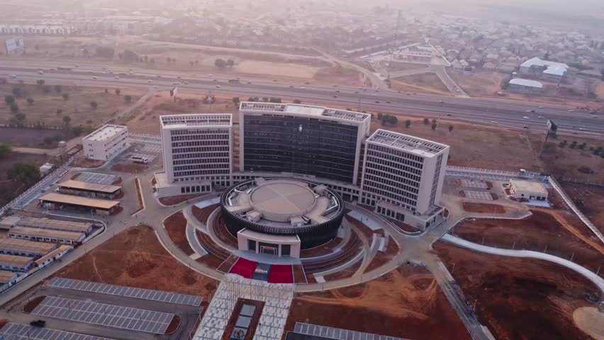 Beautiful aerial view of the new ECOWAS headquarters, also known as the Eye of West Africa, along Airport road a sunny day in Abuja, Nigeria
