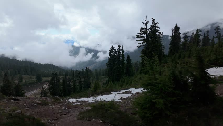Majestic Mountain Forest with Drifting Clouds and Patches of Snow in British Columbia, Canada