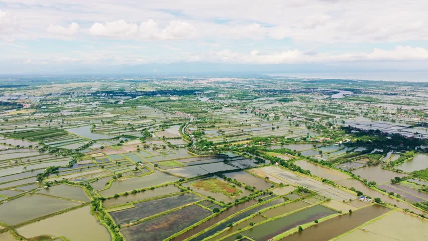 High altitude view of irrigated farmland landscape near Lingayen Philippines