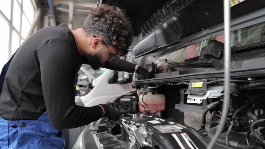 Mechanic repairing van engine in garage workshop