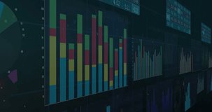 Dot column resolving, helix columns emerging, moving forward over dashboard, showing layered data. Dna, spiral, neon, parallax, panels, depth, visualization - Powered by Shutterstock - Get 15% off with code: PIKWIZARD15