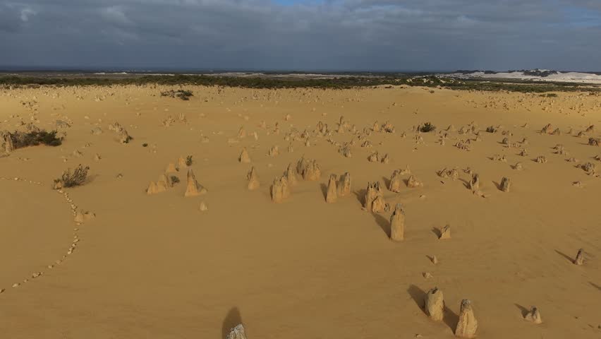 The surreal Nambung National Park Pinnacles Desert landscape featuring numerous limestone spires protruding from wind-swept sand. The scene captures rugged geology, vast openness, and the warm tones of late-day light contrasting with a moody sky.