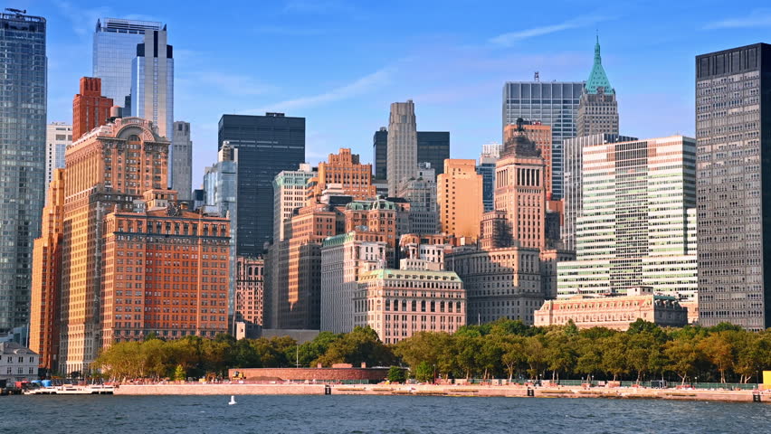 Gorgeous architecture of stunning New York, USA. Watching the Big Apple skyline from the riverboat.