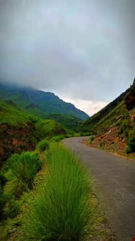 A breathtaking view of the mountains and lush greenery in Pakistan. The scene captures the harmony between towering peaks and vibrant green valleys, with forests, meadows, and natural streams adding to the serene beauty. Soft sunlight filters through the clouds, highlighting the rich textures of the landscape. This video evokes a sense of peace, adventure, and connection with nature, making it ideal for travel, environmental, or inspirational projects