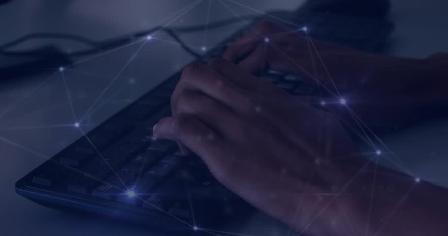 A person is typing on a keyboard in front of a glowing, abstract background of interconnected lines. Global connections technology and digital interface concept digitally generated video.