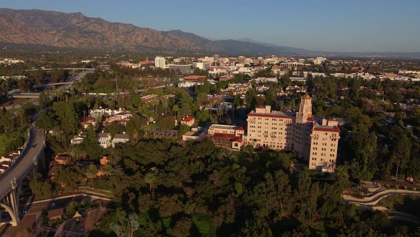 Golden Hour Aerial of Pasadena California with the San Gabriel Mountains