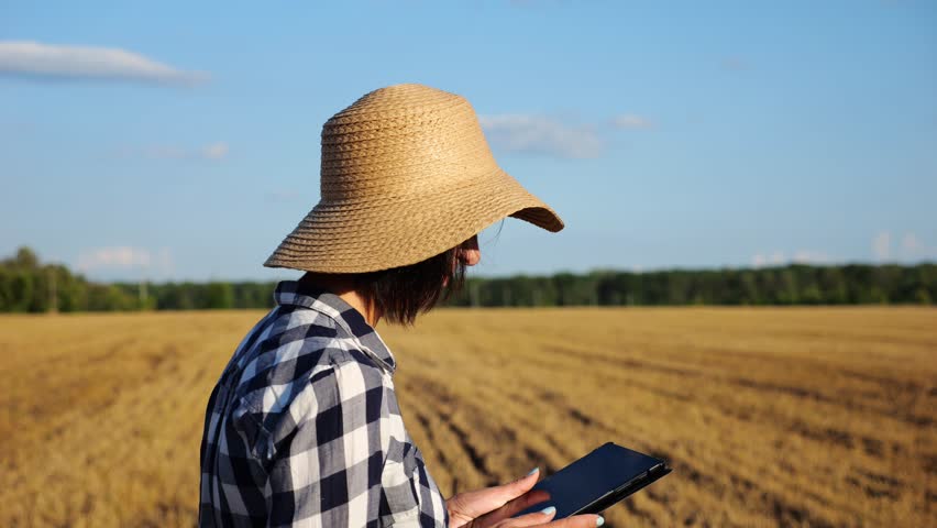 Female farmer uses digital tablet while going through wheat meadow. Adult agronomist in straw hat monitors harvest during walks among barley plantation. Concept of agriculture and agronomy business