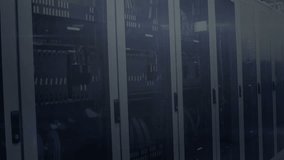 On startup signal, server cabinets in corridor displaying flowing binary digits mapping data flow. Technology, data, cybersecurity, digital, network, infrastructure, innovation - Powered by Shutterstock - Get 15% off with code: PIKWIZARD15