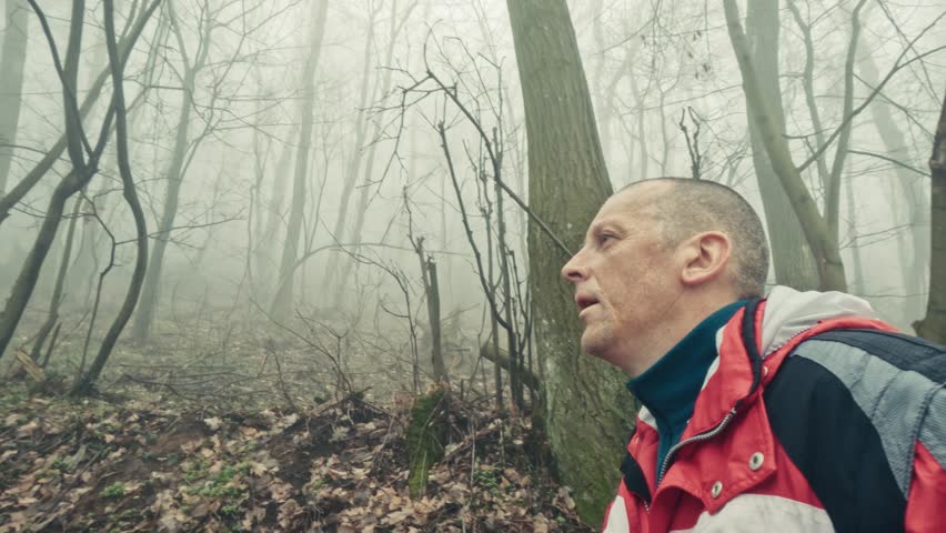 Mindful exploration of foggy winter woodland by mature man