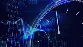 Animation of data processing and diagrams over clock and world map. Global business and digital interface concept digitally generated video. - Powered by Shutterstock - Get 15% off with code: PIKWIZARD15