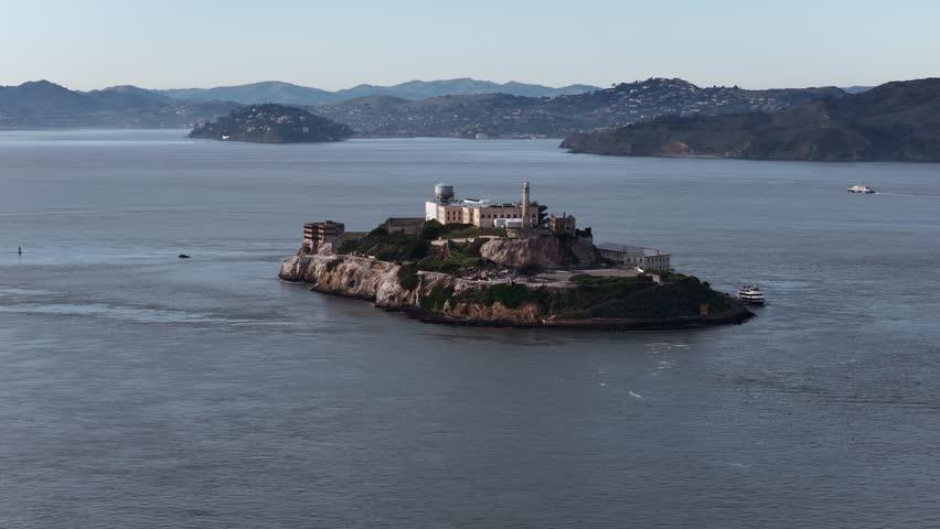 Alcatraz Island prison and lighthouse in San Francisco Bay, California, helicopter view. g.
