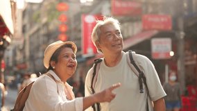 Asian senior couple traveler traveling and exploring the city outdoors. Elderly man and woman tourist walk along street, enjoy leisure time urban travel and joyful experience during holiday vacation. - Powered by Shutterstock - Get 15% off with code: PIKWIZARD15
