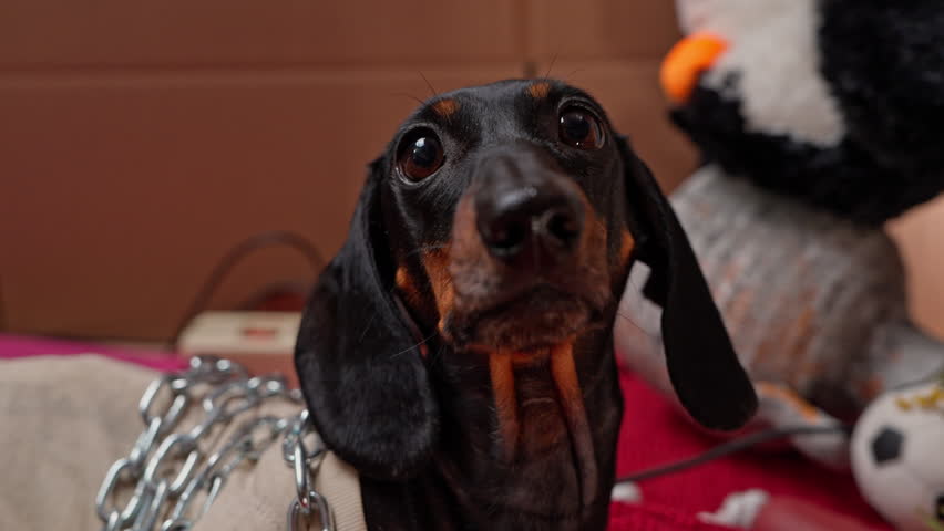 A close-up of a black and tan dachshund looking at the camera with big, pitiful eyes, with stuffed animals in the background, indoors.