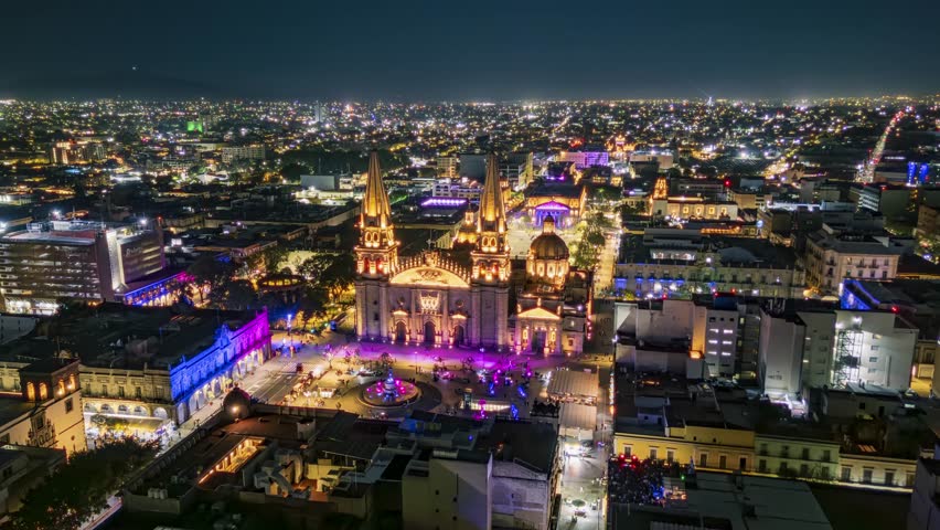 Night timelapse of Guadalajara Cathedral and historic downtown skyline