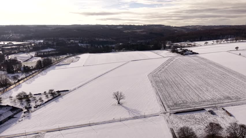 Cozy Snow covered farmland in United States showing open fields, soft winter sunlight, distant forests and calm rural atmosphere. Aerial forward wide who. Sunlight in the morning, USA.