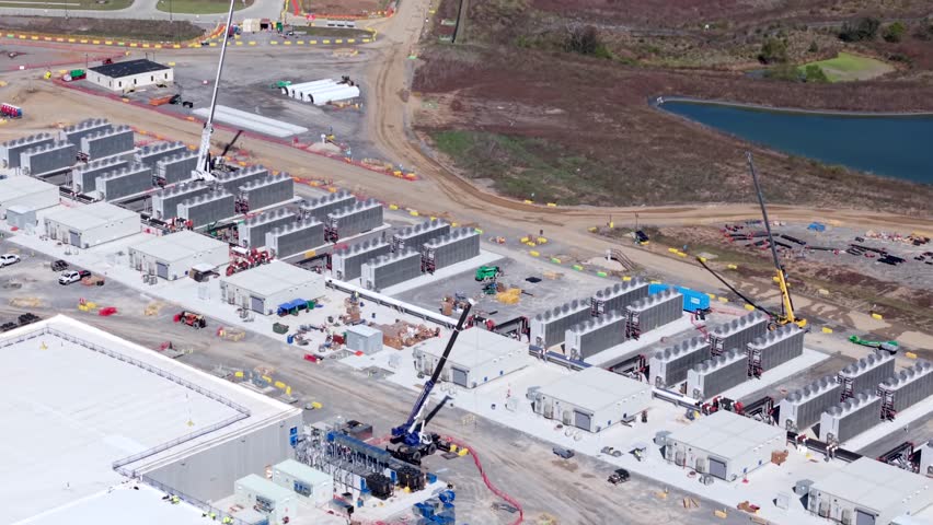 Cranes Installing Rows Of Batteries For A New Data Center Facility Construction Site, Aerial Shot.
