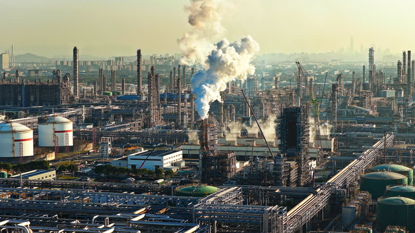 Aerial shot of a petrochemical refinery with white emissions rising from industrial stacks in a Chinese city.