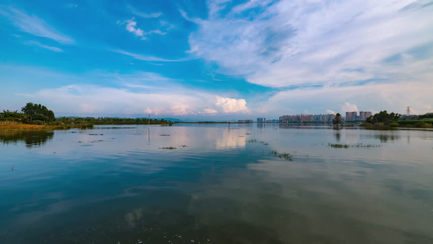 Lake Surface with Blue Sky and Clouds Ground Timelapse Timelapse