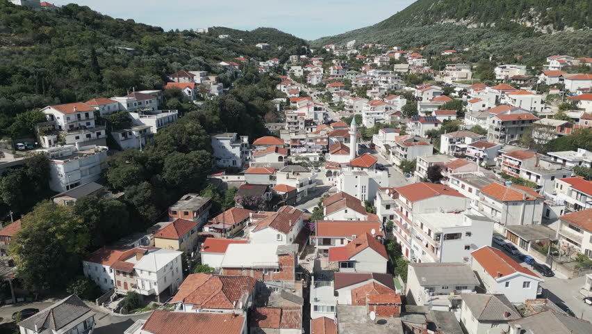 A scenic view of historic center of Ulcinj in Montenegro. Drone video.